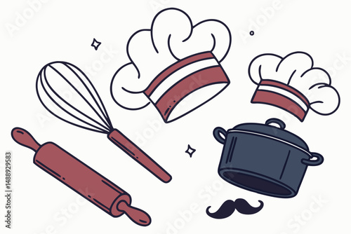 Hand-Drawn Kitchen Tools: Rolling Pin, Whisk, Pot, Chef's Hats and Mustache, Ideal for Culinary Designs.