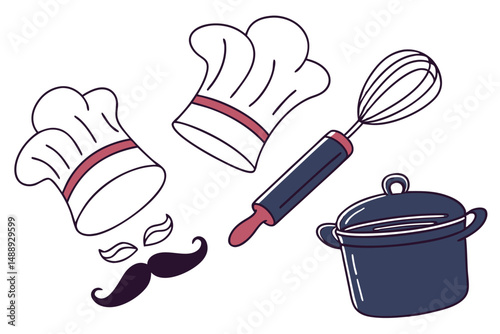 Culinary Illustration with Chef Hats, Whisk, Rolling Pin, Saucepan and Mustache for Cooking Concepts.