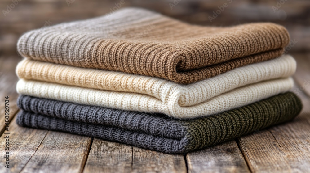 Stack of folded sweaters in various muted colors on a rustic wooden surface