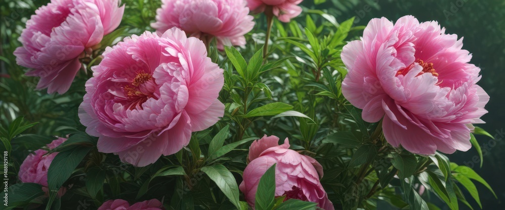 Obraz premium Luscious pink peonies, lush green leaves, vibrant bloom , blossom, stem