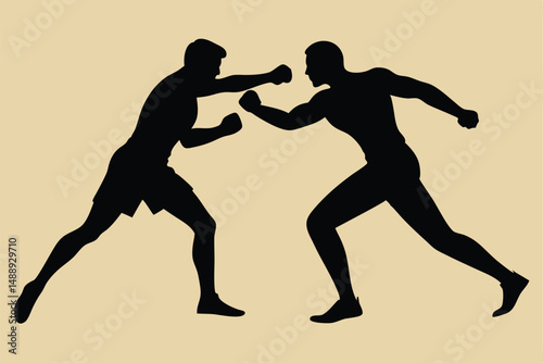 Vector silhouettes of men playing various sports, including martial arts, soccer, and running, illustrate athletic competition and action