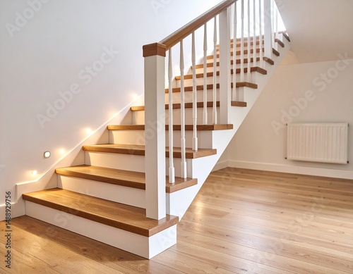 Interior detail of a minimalist staircase with wood steps, smooth white railing, 