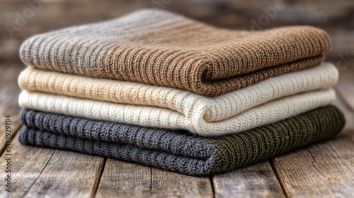Obraz na płótnie Stack of folded sweaters in various muted colors on a rustic wooden surface w salonie