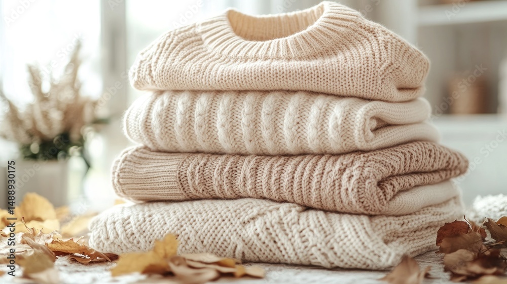 Stacked cream & beige sweaters on table with autumn leaves