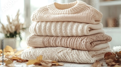 Obraz na płótnie Stacked cream & beige sweaters on table with autumn leaves w salonie