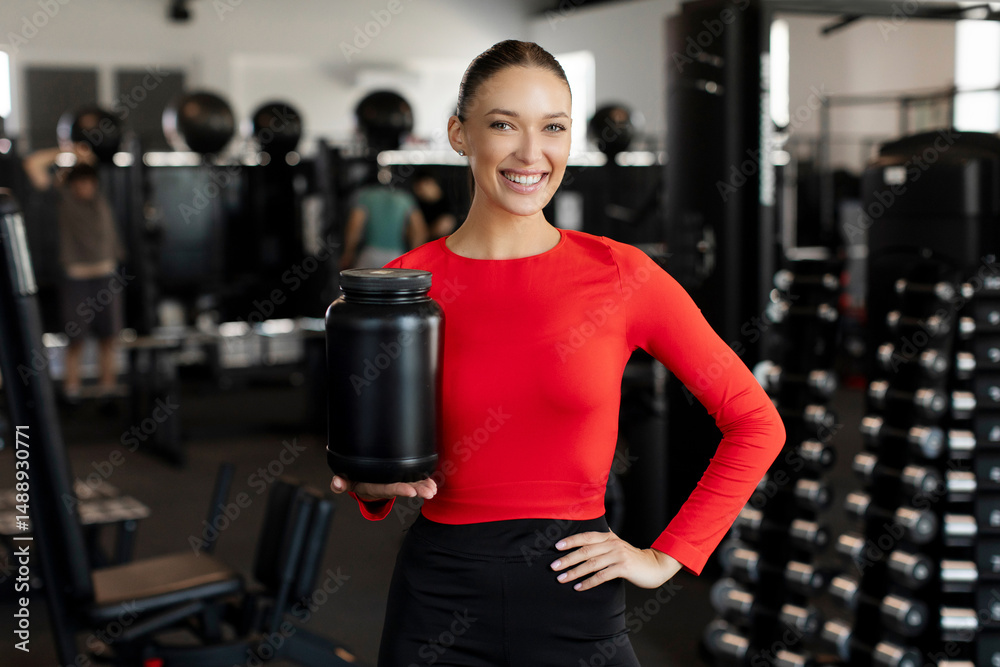 Fototapeta premium Attractive woman holding big protein jar after workout posing and smiling in modern fitness gym interior, ad for protein and additional fitness nutrition