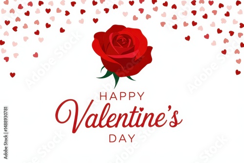 Red rose with hearts and 'Happy Valentine's Day' text.