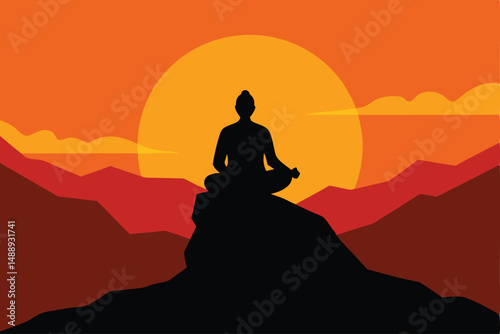Sunset meditation with a woman in lotus pose, a serene silhouette against the sky, embodying peace, health, and freedom