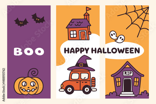 Cute and Spooky Halloween Hand-Drawn Illustrations with Cartoon Pumpkin, Car, Bats, Ghost, Spider Web and Haunted House. photo