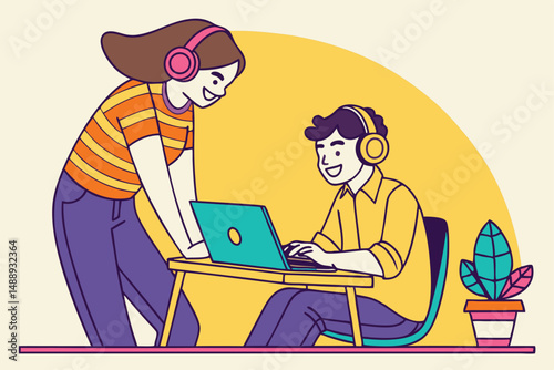 Colorful Flat Illustration of Two Colleagues Collaborating on a Laptop in a Creative Office Setting.