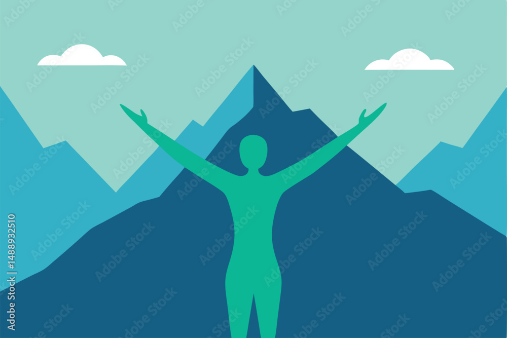 Fototapeta premium Silhouette of a man in a mountain landscape vector illustration with sun and clouds