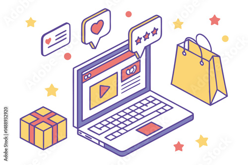 Isometric Online Shopping Concept with Laptop, Gift, and Shopping Bag for E-commerce and Digital Marketing.