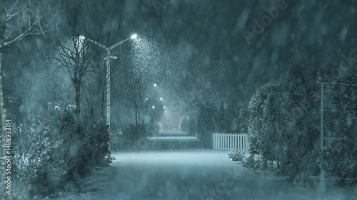 Night town street in cold winter snowstorm
