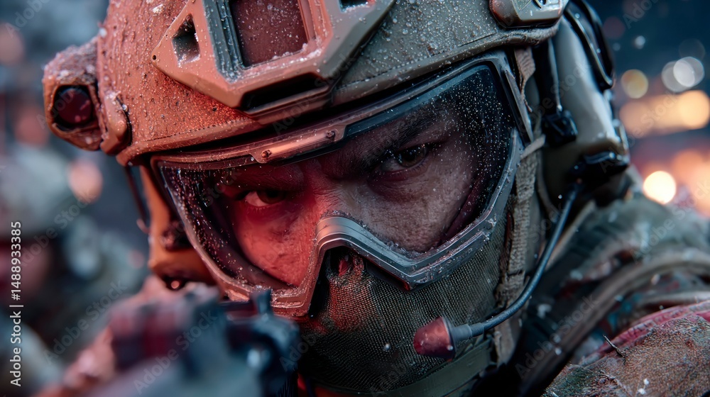 Fototapeta premium Soldier in Tactical Gear with Helmet and Goggles Ready for Combat Action