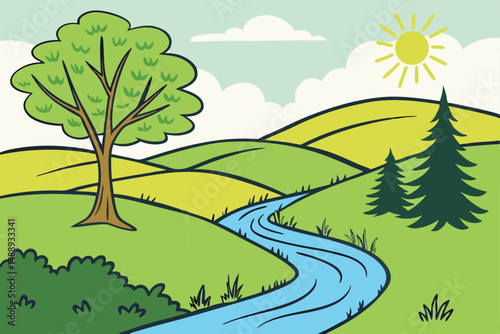 Cartoon Landscape with River, Hills, Trees, and Sun Illustration for Children and Nature related projects.