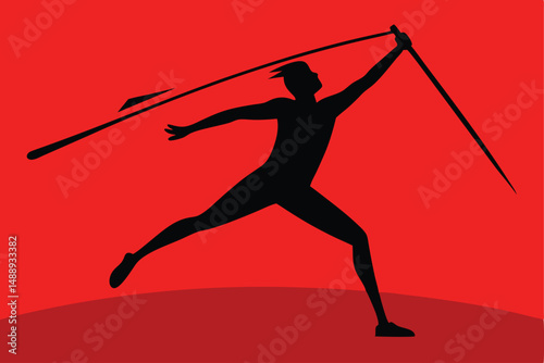 digital art, minimalist figure, person throwing spear, abstract red background, vector illustration, clean lines, bold colors
