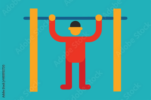 a digital illustration of a person doing a pull-up on parallel bars, simple geometric shapes, vibrant colors, minimalist style, 3d rendered
