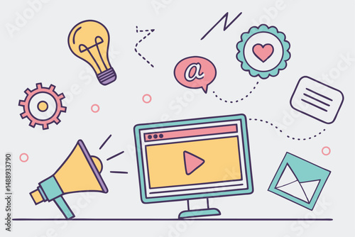 Creative Digital Marketing Concept with Computer Screen, Megaphone, and Social Media Icons for Brand Communication.