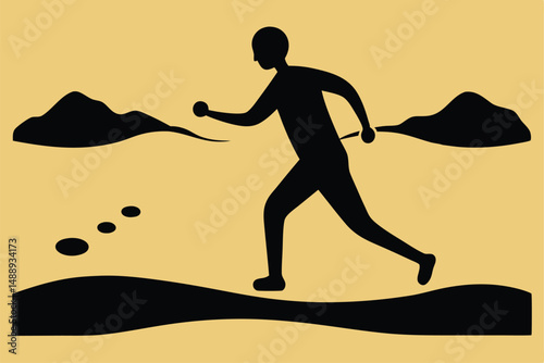 detailed black silhouette character running on a trail in a mountainous landscape, yellow and orange background, minimalist digital art

