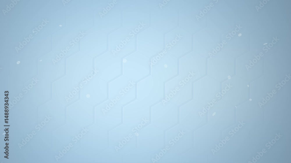Light blue background of moving hexagons and floating particles. Seamless loop for medical, technology or corporate video wallpaper.