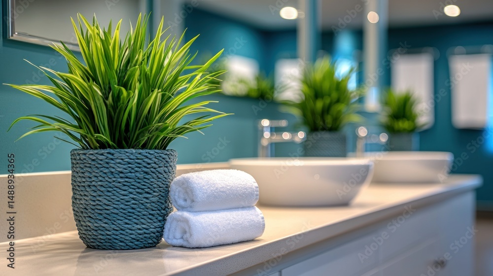 Fototapeta premium Teal bathroom with plants and towels