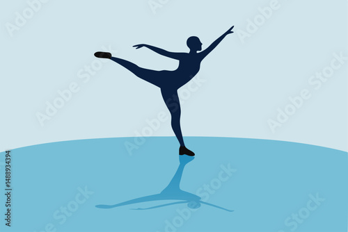silhouette of person ice skating, graceful figure skating pose, winter sport, elegant motion, minimalist blue background, digital art, 3d render
