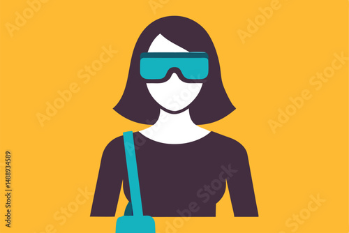 a woman with black hair wearing sunglasses, simple illustration style, minimal flat colors, yellow background
