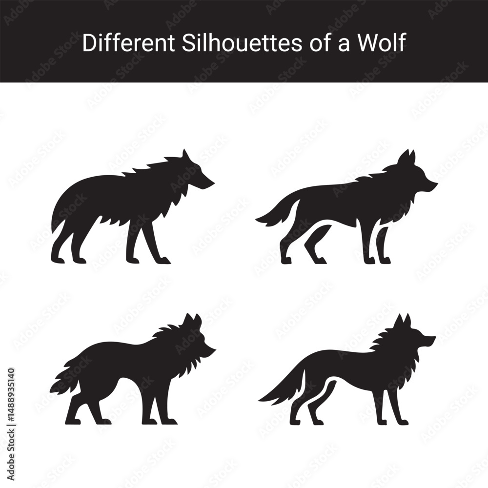 Obraz premium Set of Black Wolf Silhouettes in Different Poses – Vector Animal Icons on White Background