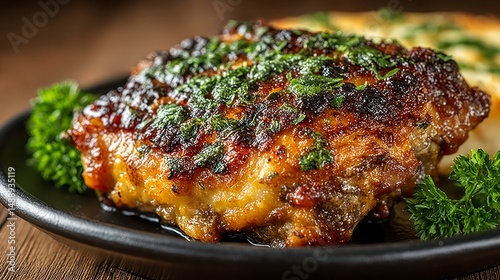 Grilled Chicken Thigh with Herbs and Crispy Skin on a Black Plate Perfect for Culinary and Foo