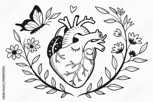 Botanical Heart Illustration with Butterfly, Flowers, Leaves in Line Art Style for Medical and Healthcare Designs, Black and White Aesthetic.