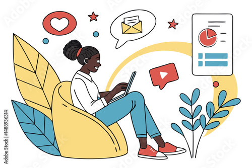 Young African American Woman Working on Laptop Sitting Comfortably Surrounded by Social Media Icons.