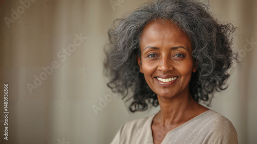 Mature Ethiopian woman with gray hair flowing in the wind, smiling gently in a naturally lit setting.