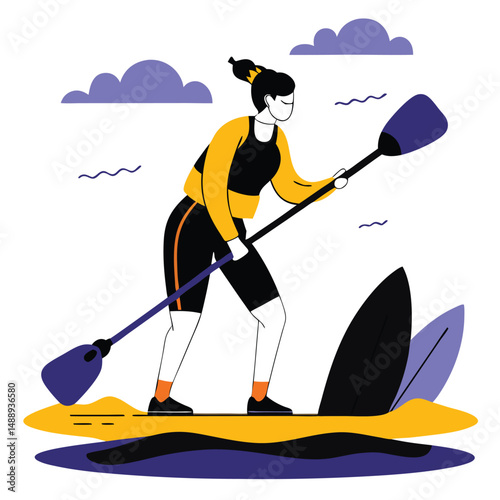 Conceptual Illustration of Paddle Surfing in Tranquil Seas