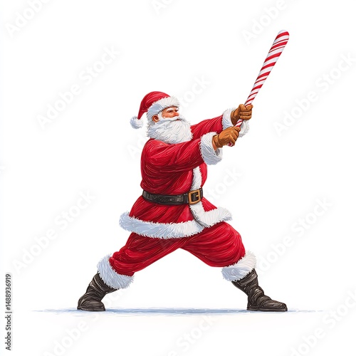 santa playing baseball with candy cane bat