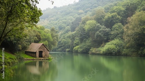 Stone Cottage on Tranquil Green Lake Surrounded by Lush Greenery