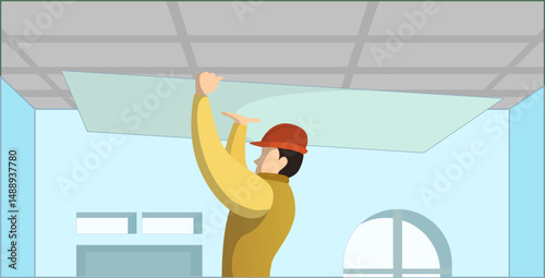 Worker installing ceiling panel or gypsum board in modern interior, home improvement concept, vector illustration