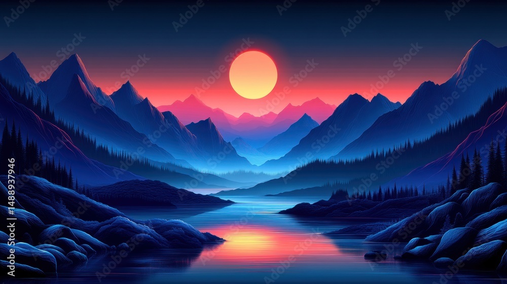 Vivid sunset over a serene mountain lake