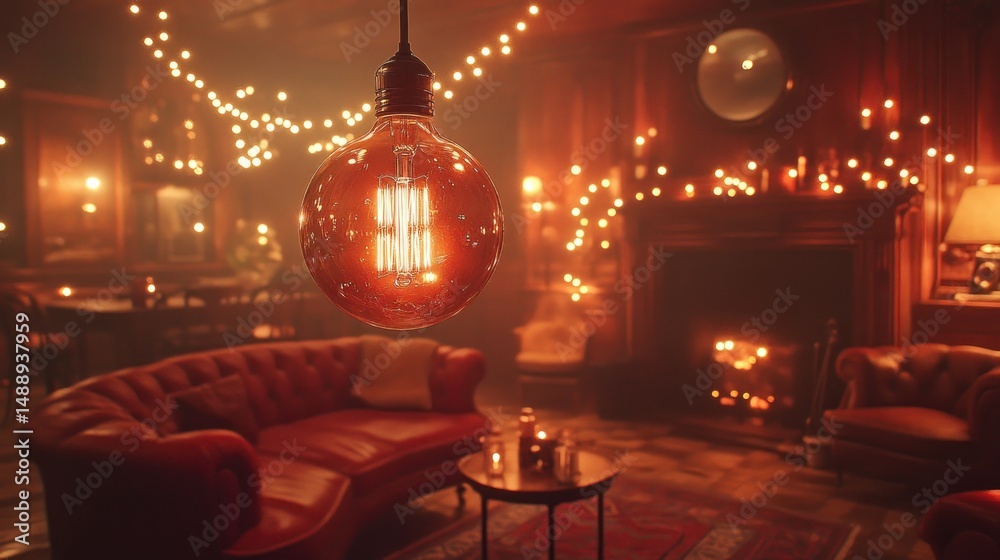 Warm interior with vintage lightbulb, cozy ambiance