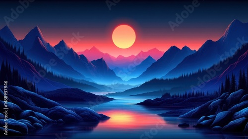 Obraz na płótnie Vivid sunset over a serene mountain lake w salonie