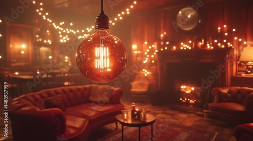 Obraz na płótnie Warm interior with vintage lightbulb, cozy ambiance w salonie