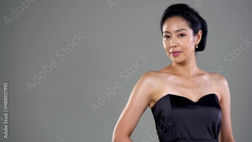 Elegant Japaneese woman poses confidently in stylish black dress against a neutral background during a fashion photoshoot