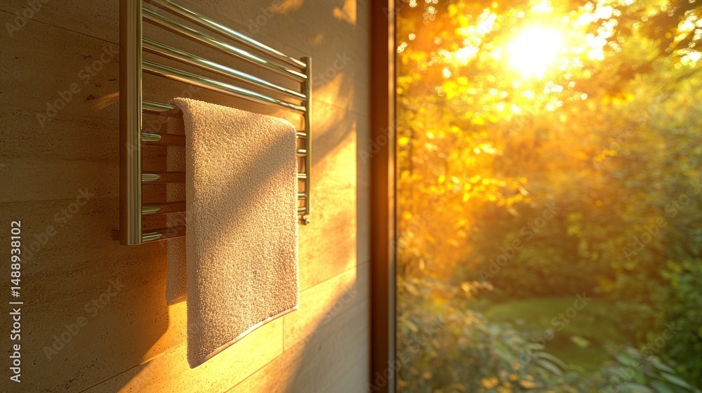 Warm towel hangs on a heated rail, sun streams through a window