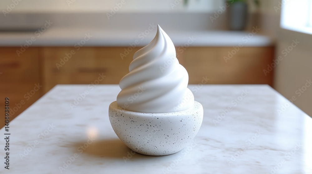 Whipped cream swirl ice cream in small, speckled bowl on marble surface