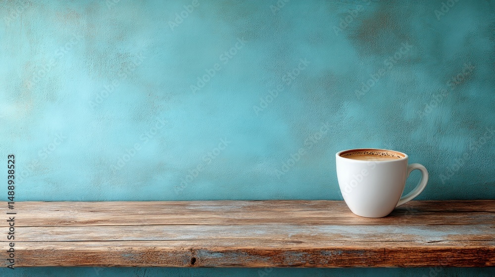 White coffee cup on rustic wooden shelf against teal wall