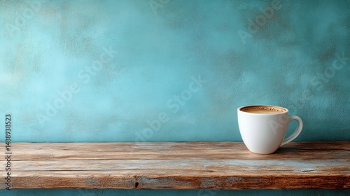 Obraz na płótnie White coffee cup on rustic wooden shelf against teal wall w salonie