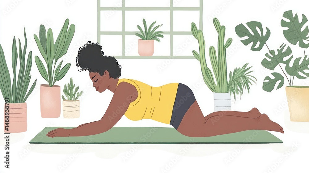 Woman in yellow top doing yoga pose on mat, surrounded by plants