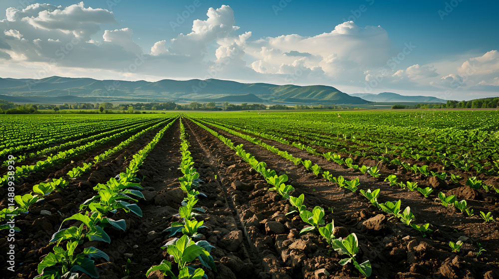 Obraz premium Rows of young plants in a field with mountains and clouds in the background on a sunny day