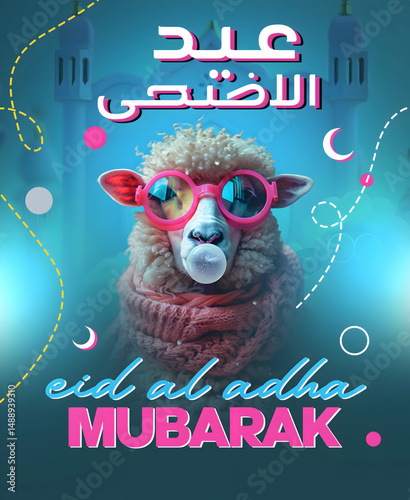  Eid al Adha Poster with sheep wearing glasses EIID AL ADHA Celebration Advertisement Poster Eid