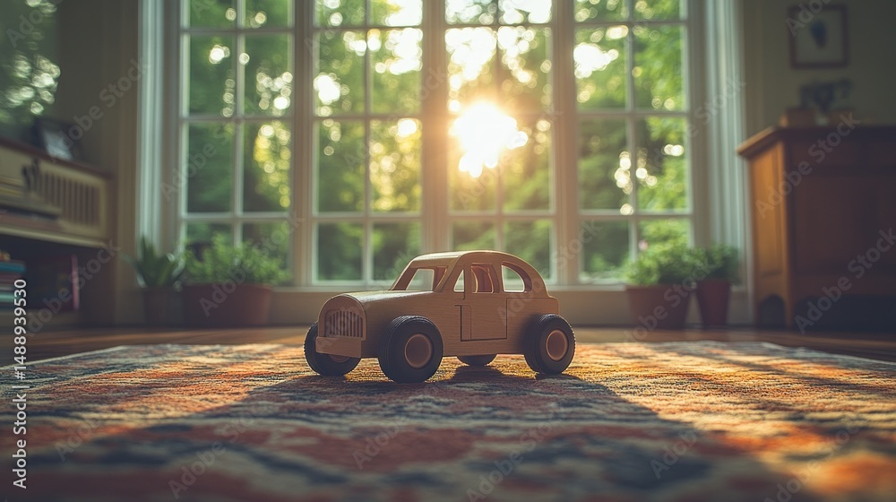 Wooden toy car on patterned rug by sunny window