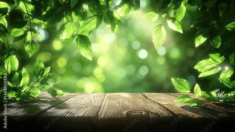 Wooden table bathed in sunlight, framed by lush green leaves